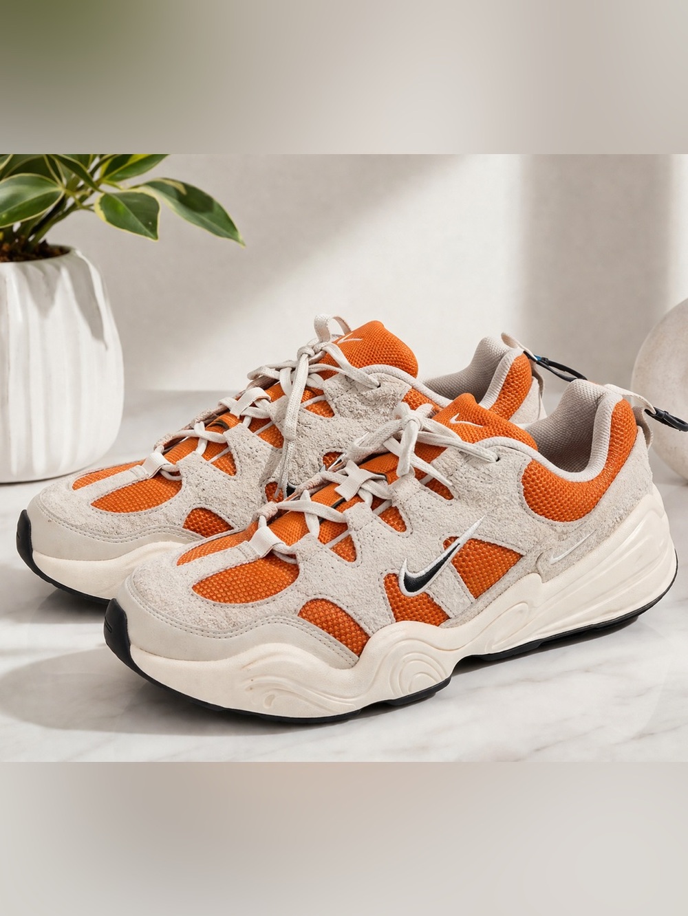 Nike Beige Orange Chunky Sneakers Suede Mesh Cutout Running Shoes 8.5